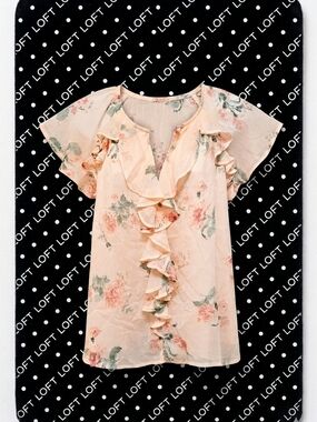 ​LOFT Floral Ruffle Front Flutter Sleeve Blouse -  Cream Pink Cottagecore Boho